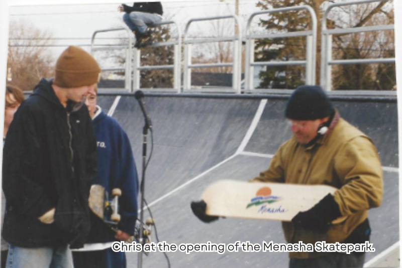 Chris at the opening of the Menasha Skatepark.